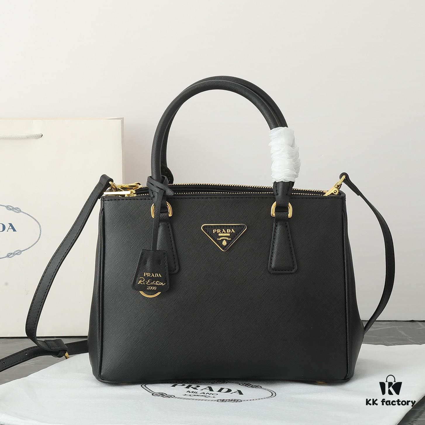 6930b9ea6e68136f4d9ae611 House Super Hot Killer Bag, Saffiano Leather, Dual Top Handles, Detachable Adjustable Leather Shoulder Strap, Gold-Tone Hardware, Triangle Logo with Metal Lettering on Leather, Snap Button Closure on Side, Two Outer Zip Pockets, Three Interior Pockets Including One with Zipper, Prada-Branded Lining