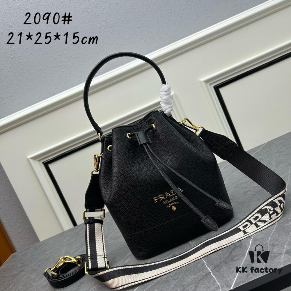 Prada New Arrival, Calfskin Leather with Pebbled Texture, Dual Shoulder Straps – One Leather Strap and One Colorful Woven Strap, Stylish and Versatile for Handheld or Crossbody Wear