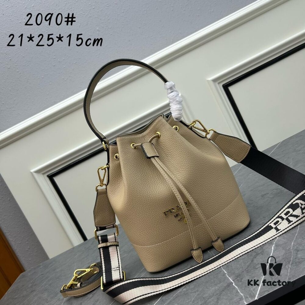 Prada New Arrival, Calfskin Leather with Pebbled Texture, Comes with Two Straps – One Leather Strap and One Colorful Woven Strap, Stylish and Versatile for Any Look