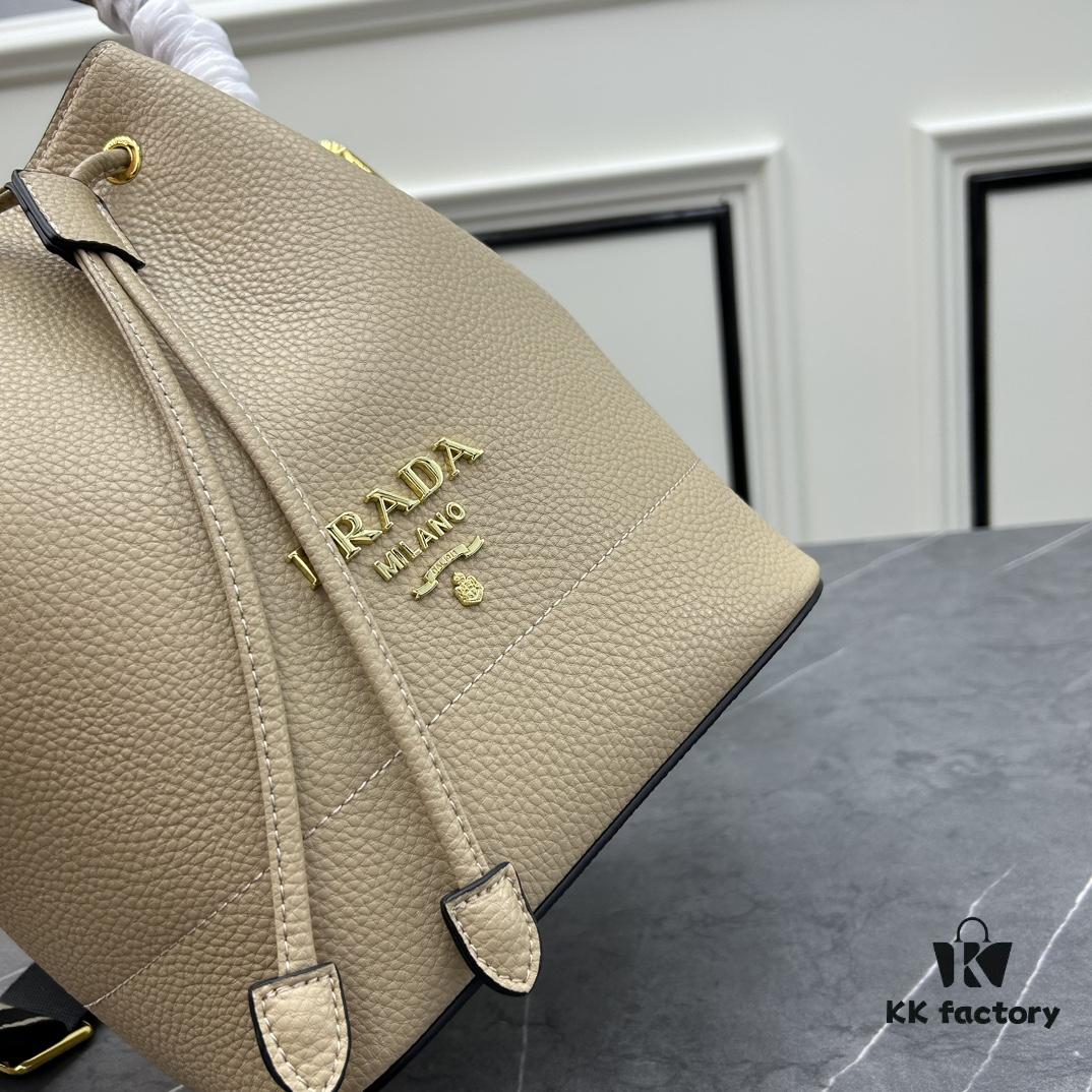 Prada New Arrival, Calfskin Leather with Pebbled Texture, Comes with Two Straps – One Leather Strap and One Colorful Woven Strap, Stylish and Versatile for Any Look