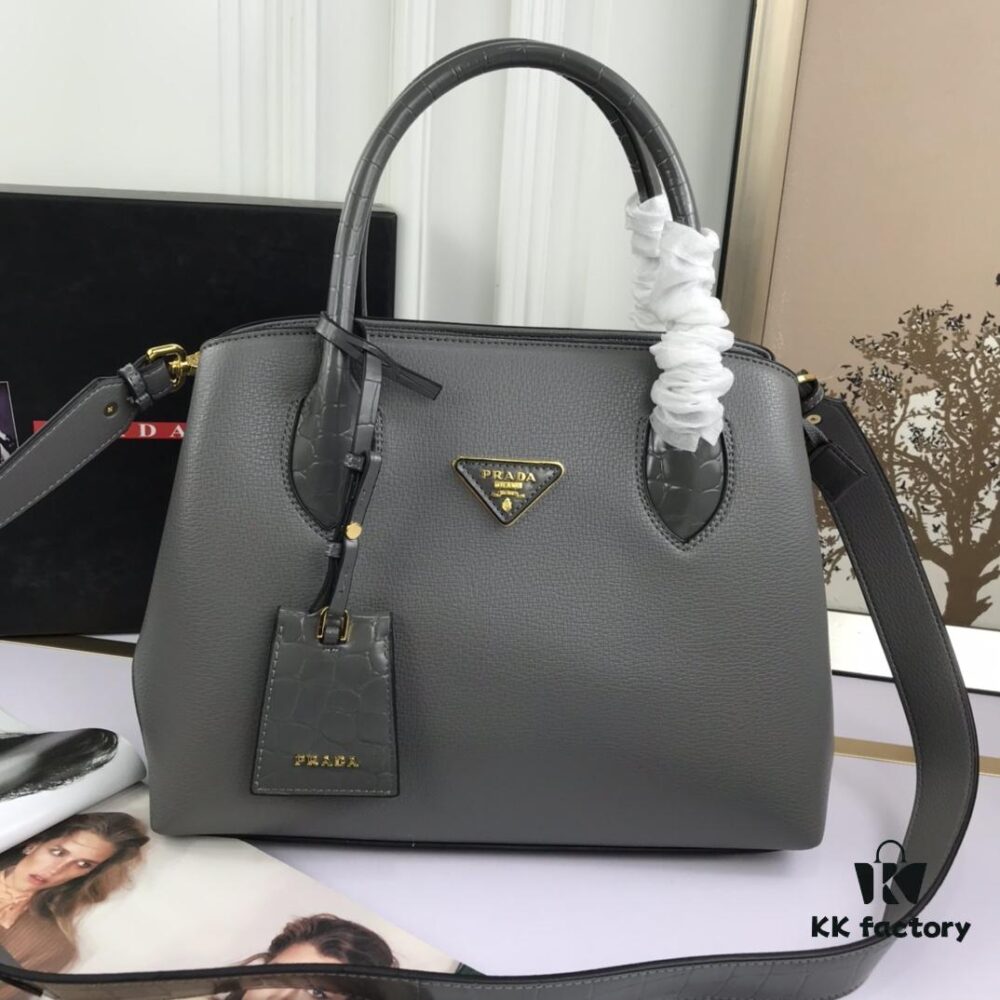2020 New Arrival Prada-Style Handbag, Model 66153, Premium Calfskin with Glossy Crocodile Texture, Spacious Design with Interior Compartment
