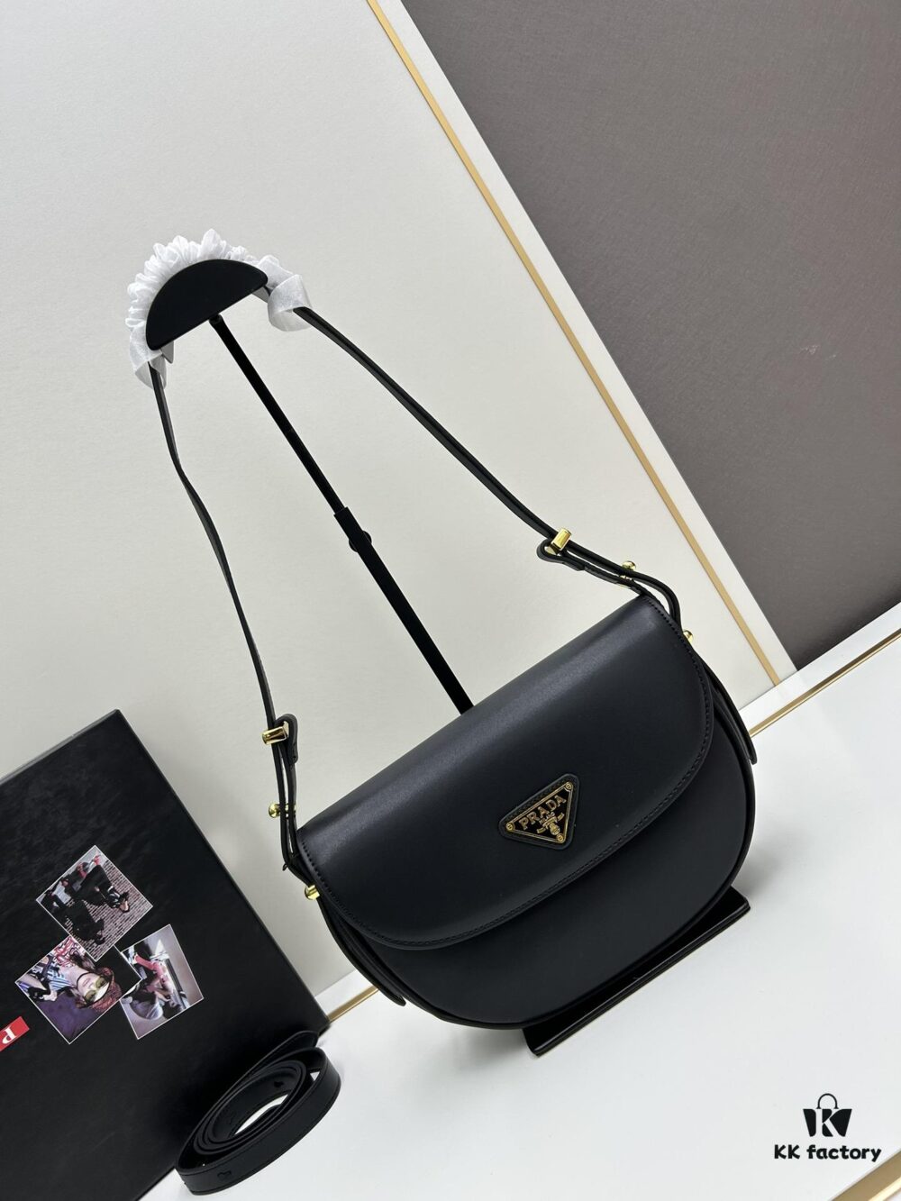 Prada Classic Leather Crossbody Bag with Metal Logo for Women, Arqué Collection, Includes Box