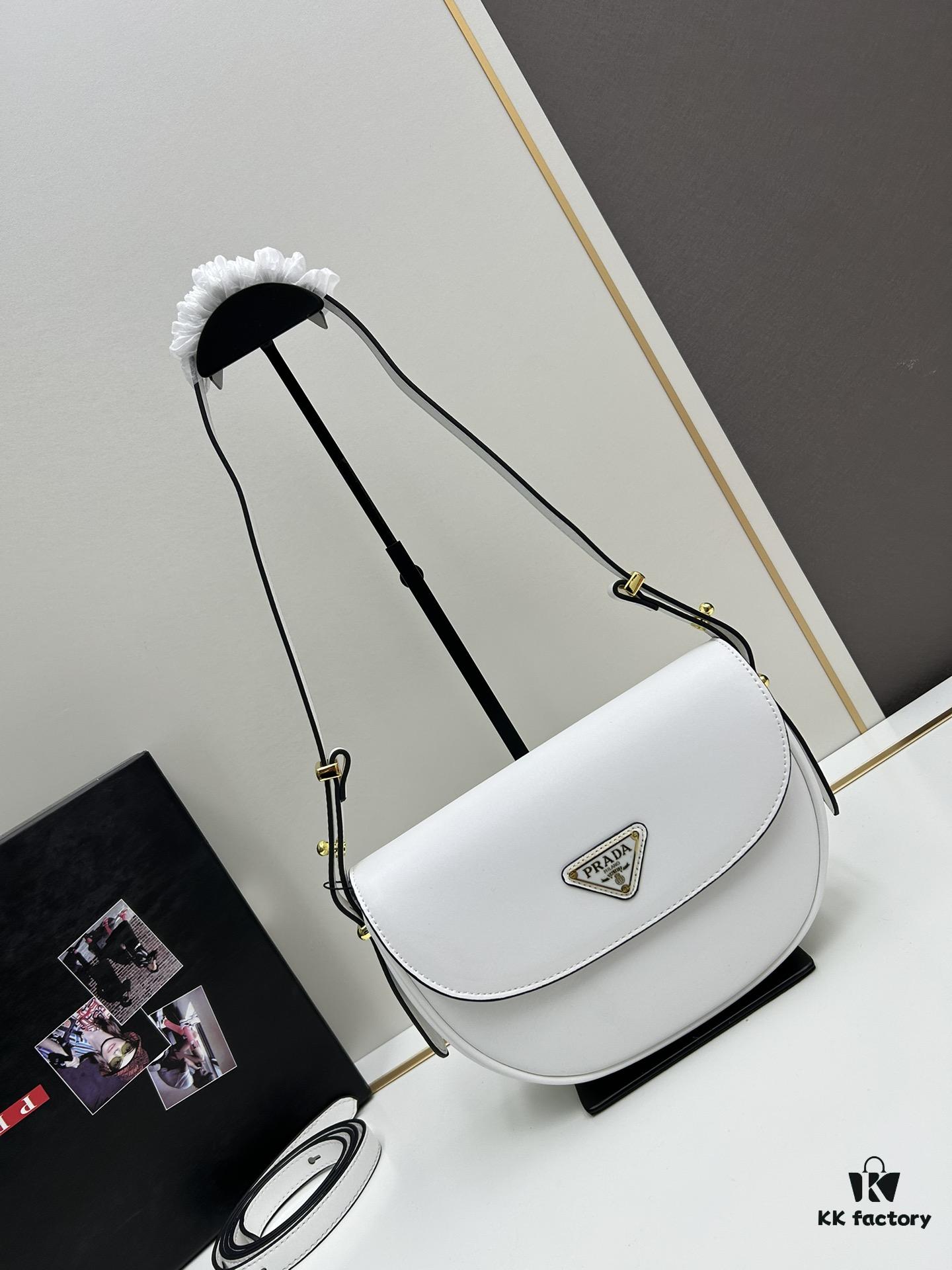 6930c2606e68136f4d9af3a6 Prada Classic Leather Crossbody Bag with Metal Logo for Women, Arqué Collection, Includes Box