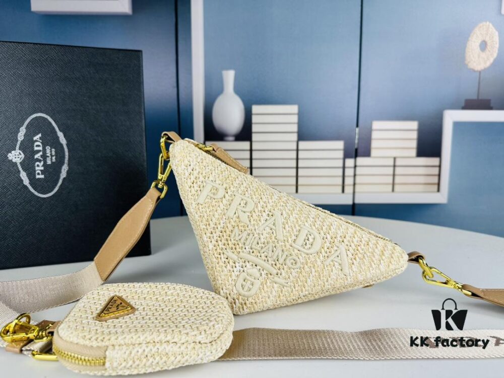 6930c2bd6e68136f4d9af42e Prada Raffia Woven Triangle Bag with Box, 3D Logo, Lightweight Structured Design, Thin Strap, Adjustable Double Lengths, Can Be Worn as Crossbody, Shoulder or Underarm Bag, Includes Metal Chain for Elevated Elegance, Handheld Style, Size 25x13x10, Model No. 2425