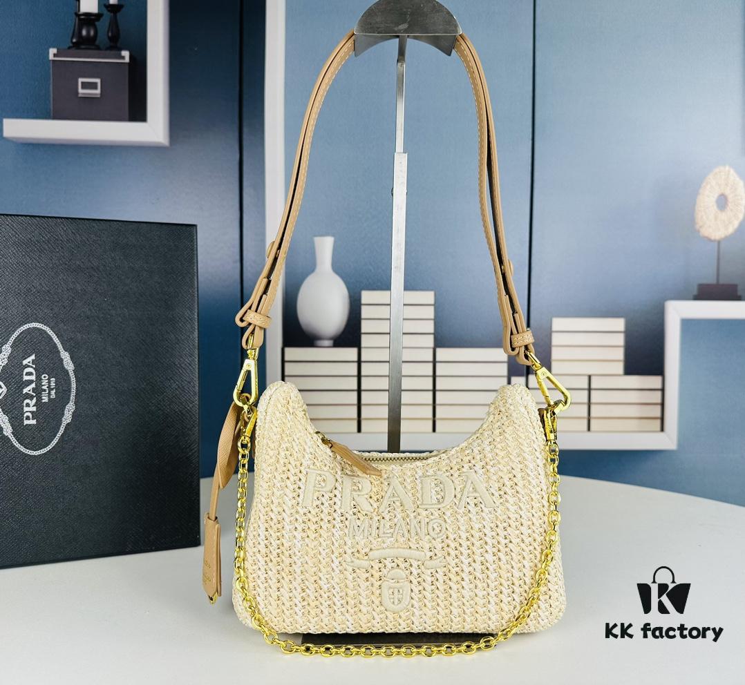 6930c2bd6e68136f4d9af42f Beige Knitted Prada Underarm Handbag with Box