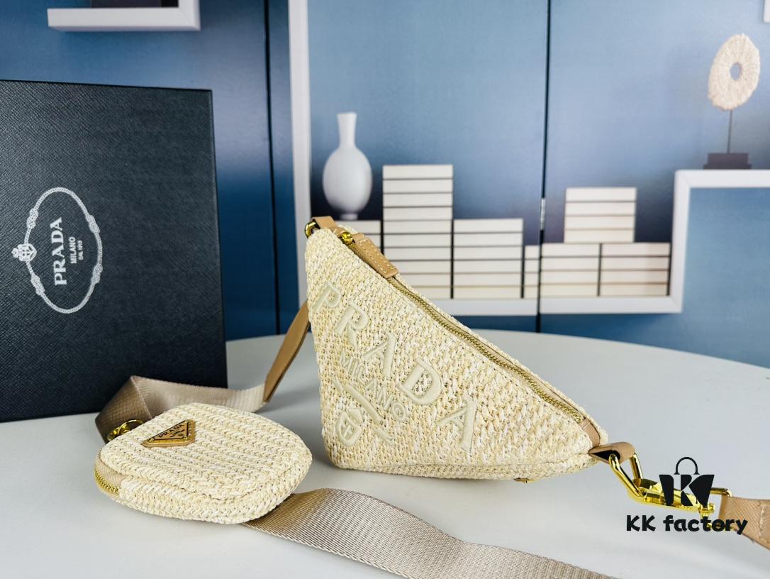 6930c2bd6e68136f4d9af430 Prada Raffia Woven Triangle Bag with Box, 3D Logo, Lightweight Structured Design, Thin Strap, Adjustable Double Lengths, Can Be Worn as Crossbody, Shoulder or Underarm Bag, Includes Metal Chain for Elevated Elegance, Handheld Style, Size 25x13x10, Model No. 2425