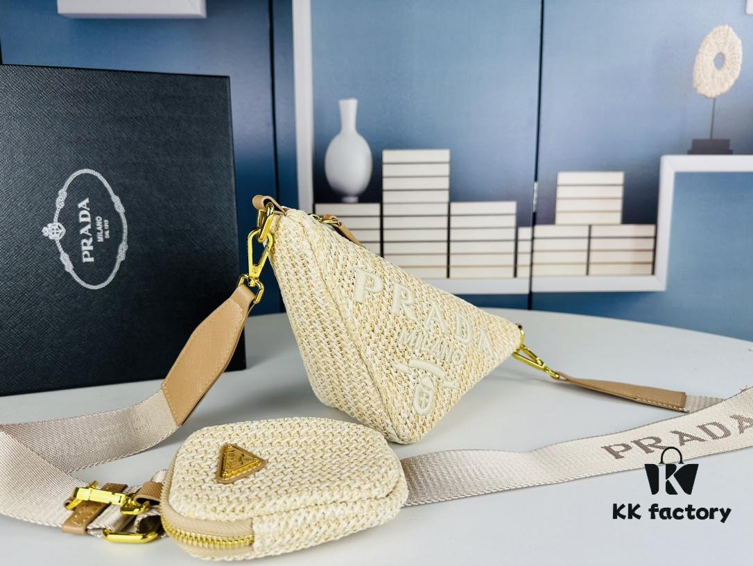 6930c2be6e68136f4d9af431 Prada Raffia Woven Triangle Bag with Box, 3D Logo, Lightweight Structured Design, Thin Strap, Adjustable Double Lengths, Can Be Worn as Crossbody, Shoulder or Underarm Bag, Includes Metal Chain for Elevated Elegance, Handheld Style, Size 25x13x10, Model No. 2425