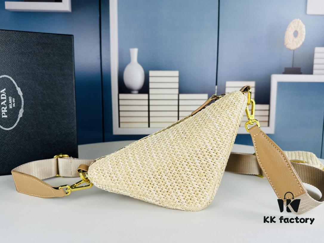6930c2c06e68136f4d9af432 Prada Raffia Woven Triangle Bag with Box, 3D Logo, Lightweight Structured Design, Thin Strap, Adjustable Double Lengths, Can Be Worn as Crossbody, Shoulder or Underarm Bag, Includes Metal Chain for Elevated Elegance, Handheld Style, Size 25x13x10, Model No. 2425
