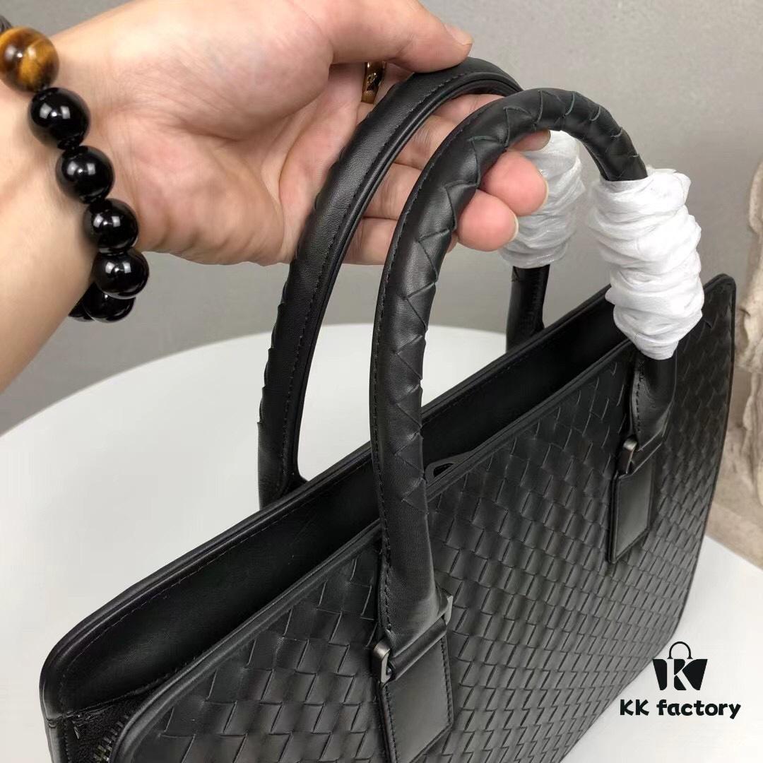 6930c6226e68136f4d9afa6a Bv Men's Briefcase Handbag - Imported Waxed Leather Woven Design with Silver-Tone Clasp, European Style Lining
