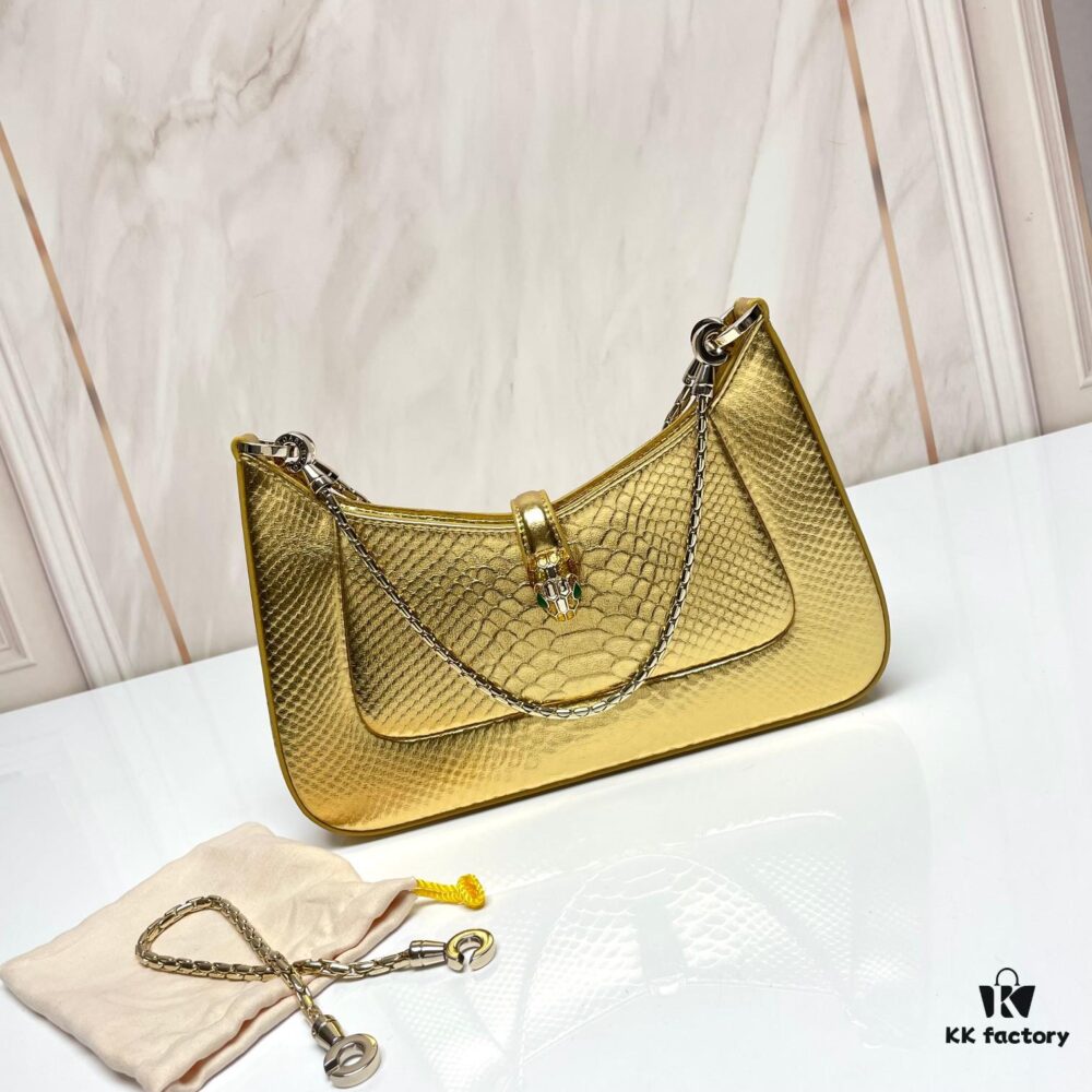 6930c7076e68136f4d9afbde BVLGARI SERPENTI BAIA Small Shoulder Bag in Silver-Textured Calfskin with Snake Head Magnetic Clasp