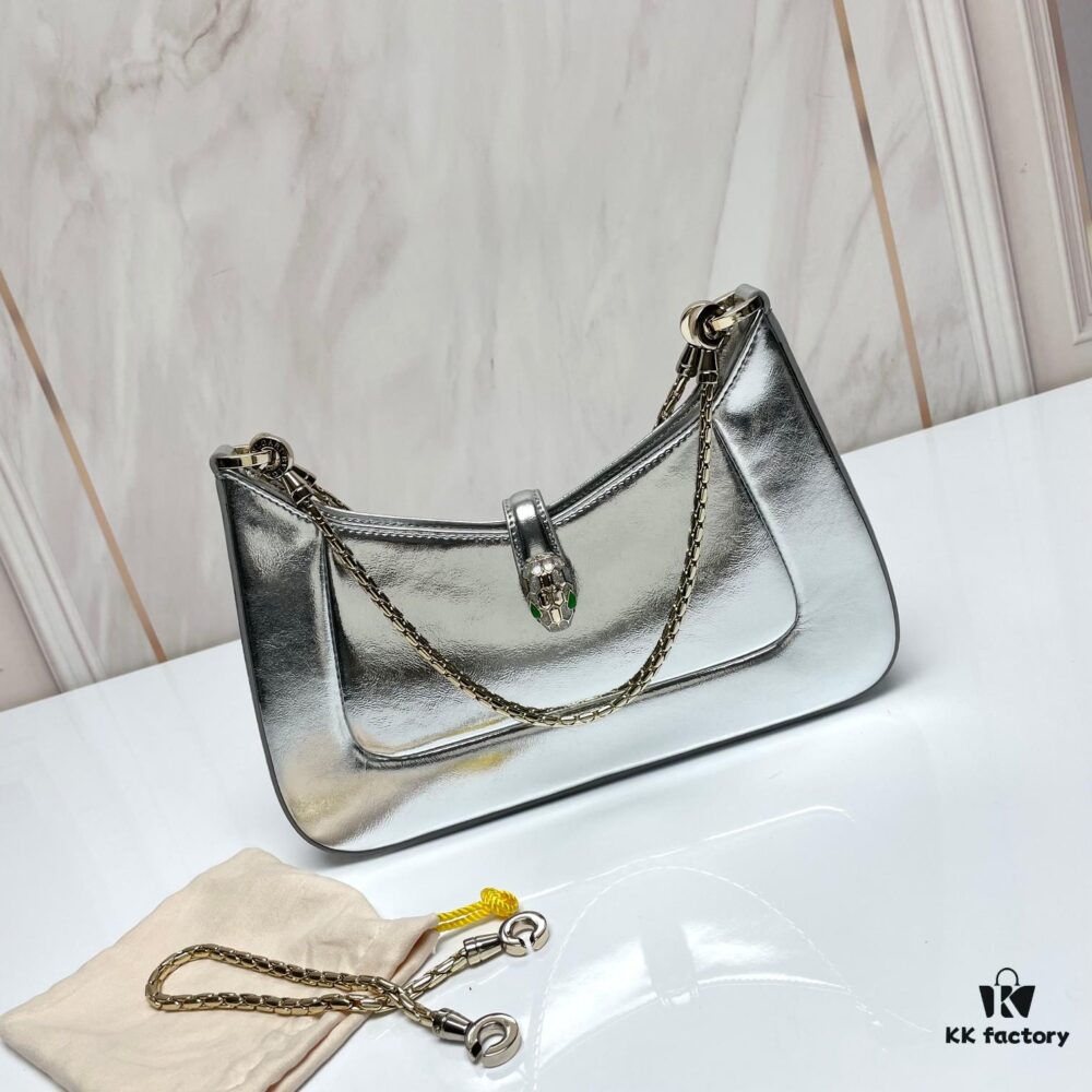 6930c70c6e68136f4d9afbe5 BVLGARI SERPENTI BAIA Small Shoulder Bag in Silver-Tone Textured Calfskin