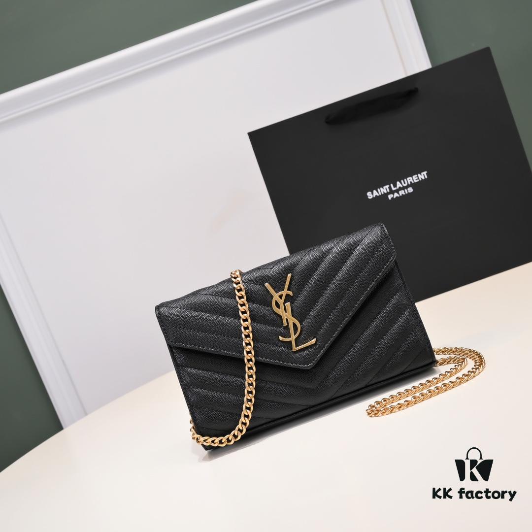 6930cc6e6e68136f4d9b04d7 Gold Chain Ball Pattern! Classic Best-Selling SAINT LAURENT Front Flip Leather Wallet with Detachable Metal Chain, Interlocking YSL Logo, Jacquard Stitched Embossing