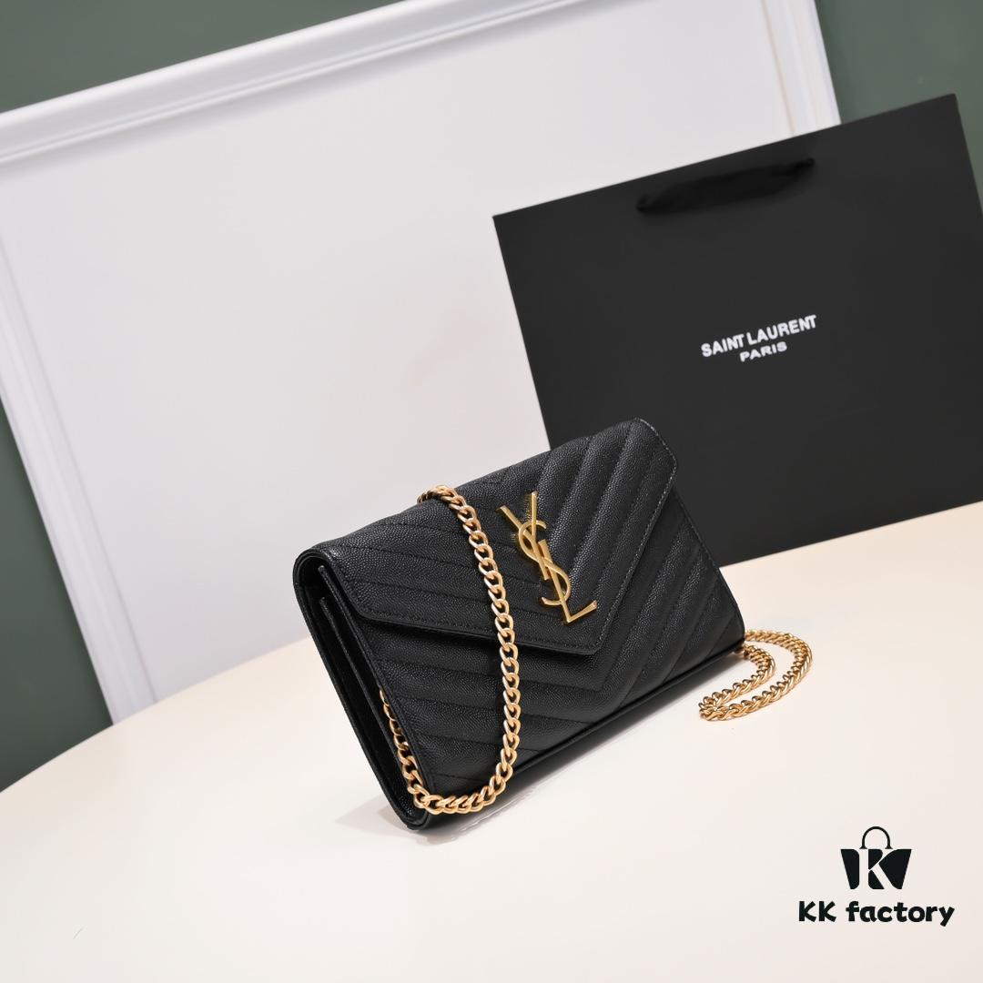 6930cc6e6e68136f4d9b04d9 Gold Chain Ball Pattern! Classic Best-Selling SAINT LAURENT Front Flip Leather Wallet with Detachable Metal Chain, Interlocking YSL Logo, Jacquard Stitched Embossing