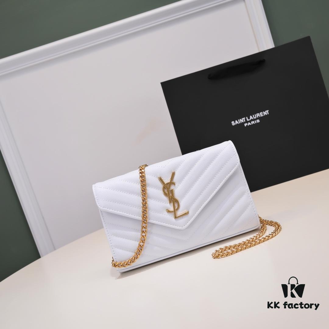 6930cc716e68136f4d9b04de Gold Chain Ball Pattern! Classic Best-Selling SAINT LAURENT Front Flip Leather Wallet with Detachable Metal Chain, Interlocking YSL Logo, Jacquard Quilted Stitching