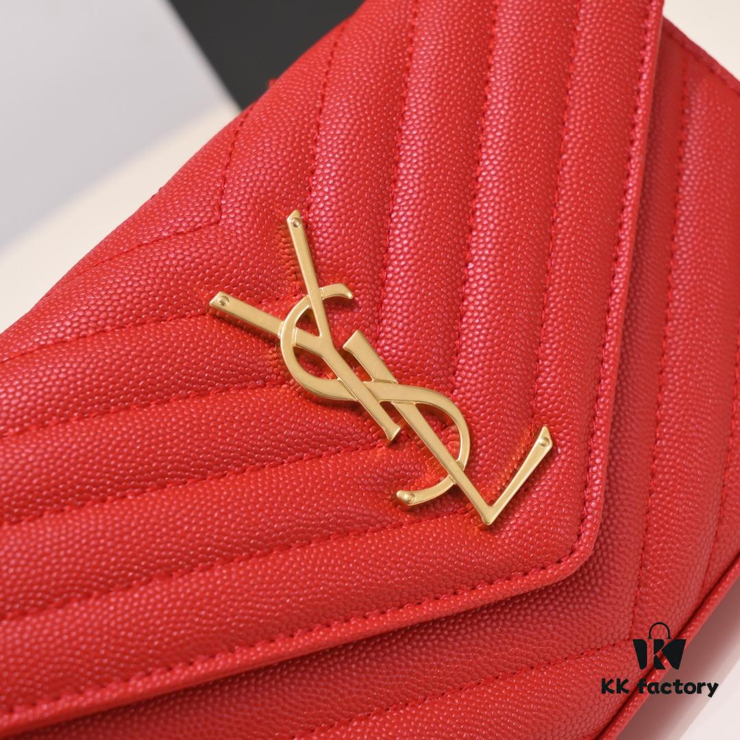 Gold Chain Ball Pattern! Classic Best-Selling SAINT LAURENT Front Flip Leather Wallet with Detachable Metal Chain, Interlocking YSL Logo, Jacquard Embossed Stitching