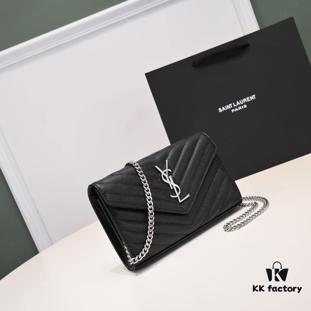 6930cc7a6e68136f4d9b04f2 Silver Chain Ball Pattern! Classic Best-Selling SAINT LAURENT Front Flip Leather Wallet with Detachable Metal Chain, Interlocking YSL Logo, Jacquard Embossed Stitching