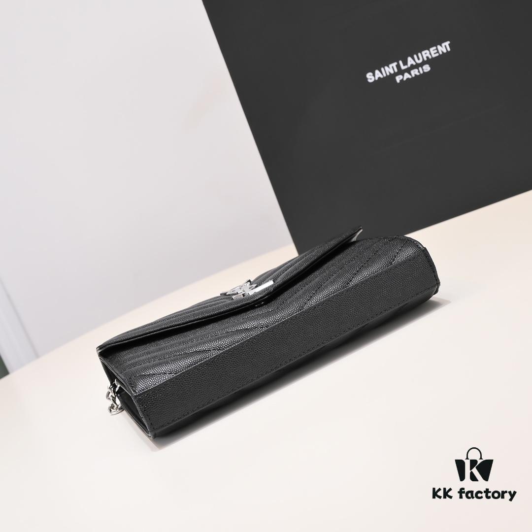 6930cc7a6e68136f4d9b04f3 Silver Chain Ball Pattern! Classic Best-Selling SAINT LAURENT Front Flip Leather Wallet with Detachable Metal Chain, Interlocking YSL Logo, Jacquard Embossed Stitching
