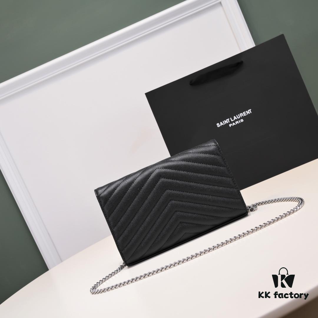 6930cc7a6e68136f4d9b04f4 Silver Chain Ball Pattern! Classic Best-Selling SAINT LAURENT Front Flip Leather Wallet with Detachable Metal Chain, Interlocking YSL Logo, Jacquard Embossed Stitching