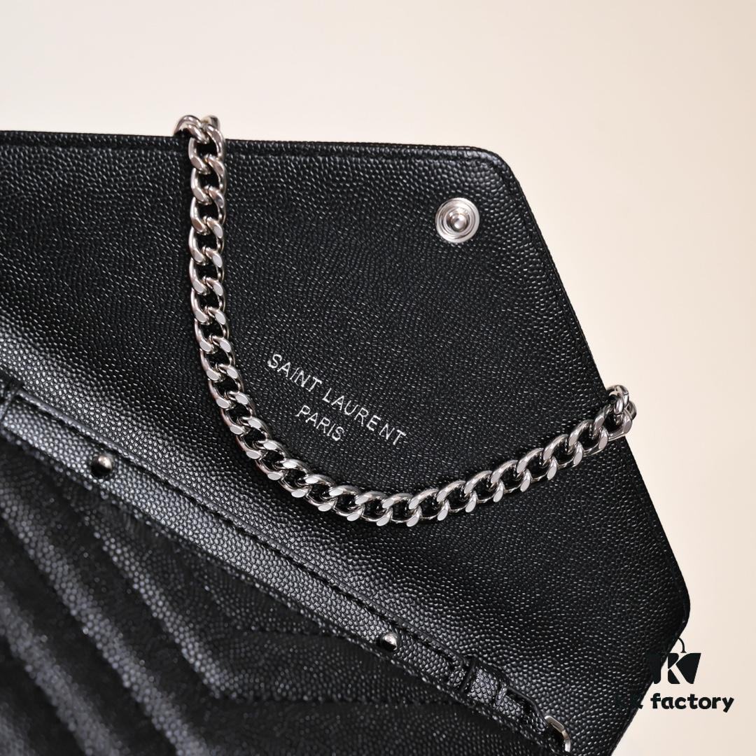6930cc7d6e68136f4d9b04f7 Silver Chain Ball Pattern! Classic Best-Selling SAINT LAURENT Front Flip Leather Wallet with Detachable Metal Chain, Interlocking YSL Logo, Jacquard Embossed Stitching