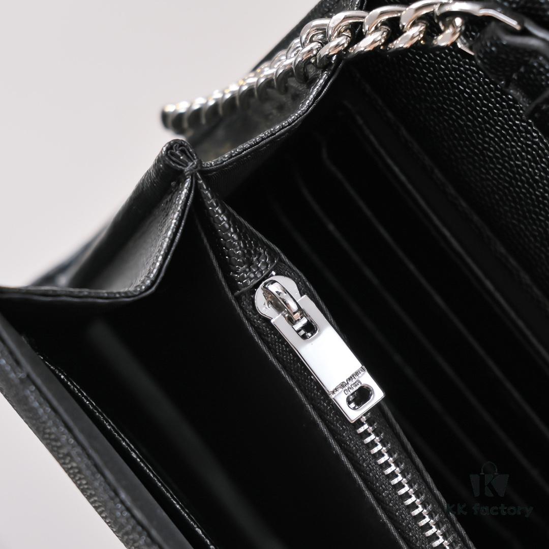 6930cc7d6e68136f4d9b04f8 Silver Chain Ball Pattern! Classic Best-Selling SAINT LAURENT Front Flip Leather Wallet with Detachable Metal Chain, Interlocking YSL Logo, Jacquard Embossed Stitching