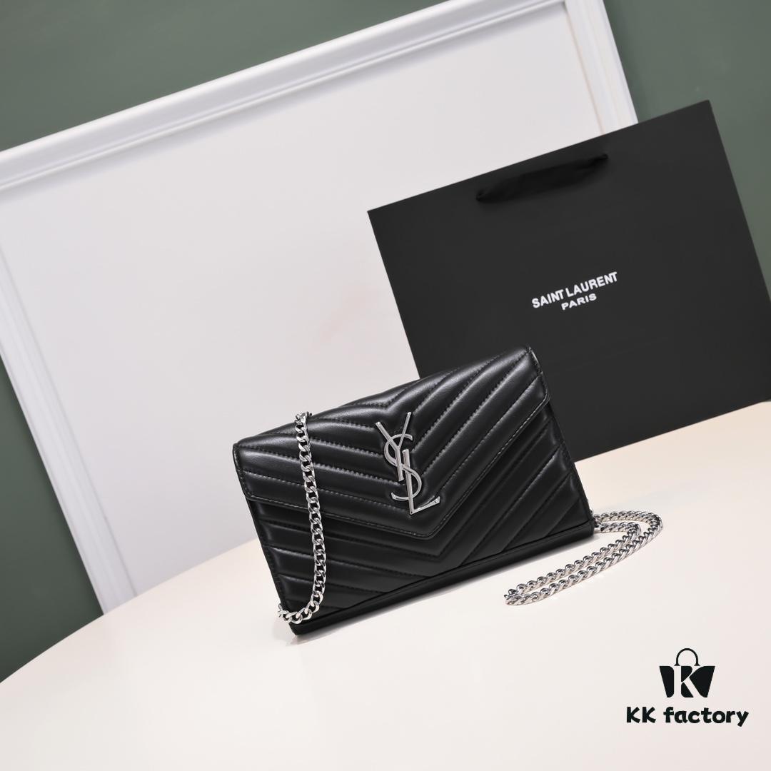 6930cc856e68136f4d9b050d Silver Chain Lambskin! Classic Best-Selling SAINT LAURENT Front Flap Wallet with Detachable Metal Chain, Interlocking YSL Logo, Jacquard Stitched Embellishment