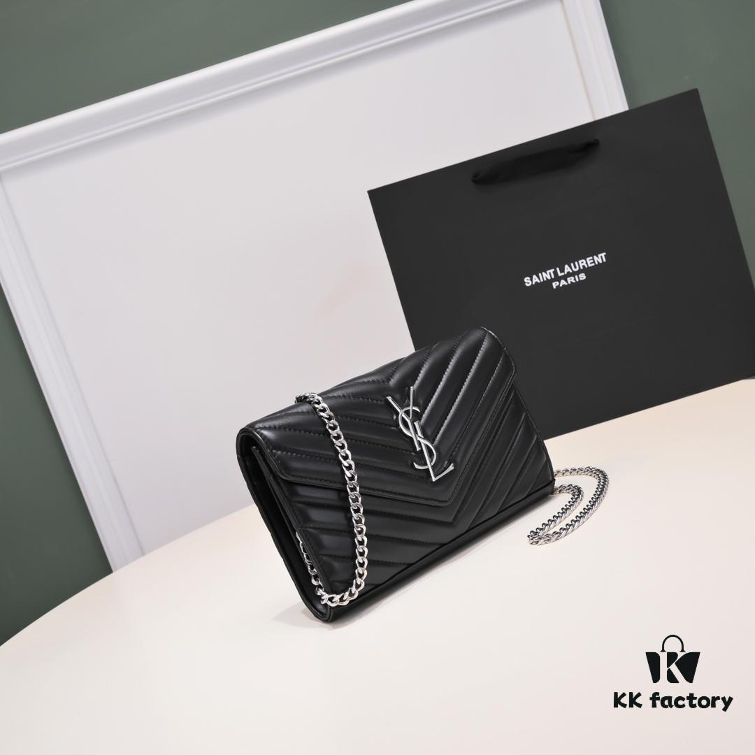 6930cc876e68136f4d9b050e Silver Chain Lambskin! Classic Best-Selling SAINT LAURENT Front Flap Wallet with Detachable Metal Chain, Interlocking YSL Logo, Jacquard Stitched Embellishment