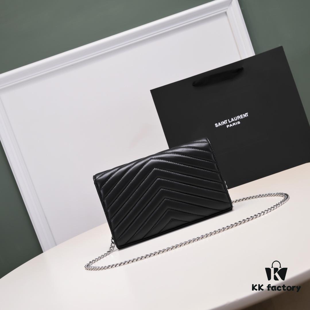 6930cc886e68136f4d9b050f Silver Chain Lambskin! Classic Best-Selling SAINT LAURENT Front Flap Wallet with Detachable Metal Chain, Interlocking YSL Logo, Jacquard Stitched Embellishment