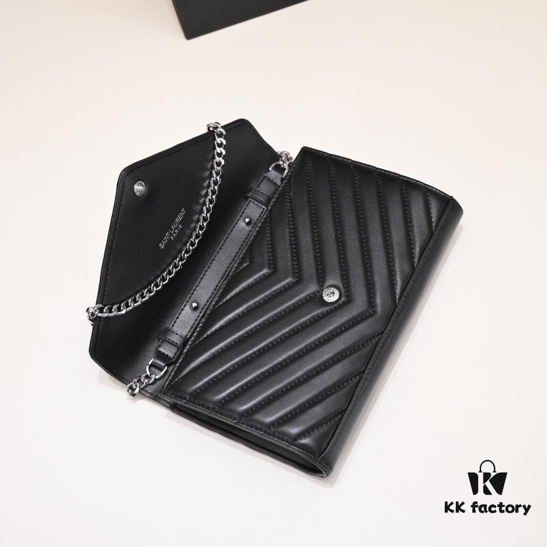 6930cc886e68136f4d9b0510 Silver Chain Lambskin! Classic Best-Selling SAINT LAURENT Front Flap Wallet with Detachable Metal Chain, Interlocking YSL Logo, Jacquard Stitched Embellishment