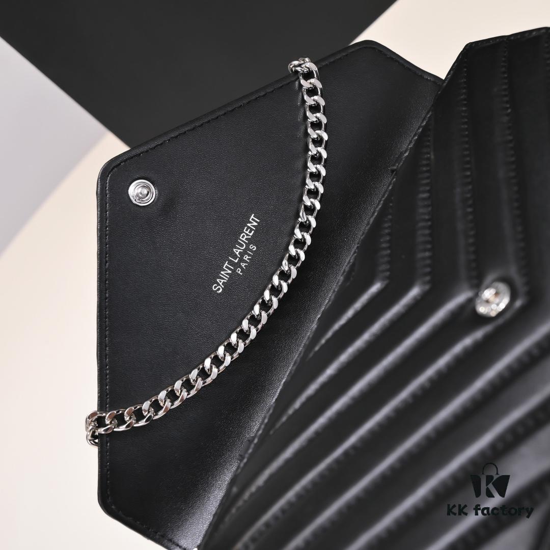 6930cc886e68136f4d9b0512 Silver Chain Lambskin! Classic Best-Selling SAINT LAURENT Front Flap Wallet with Detachable Metal Chain, Interlocking YSL Logo, Jacquard Stitched Embellishment