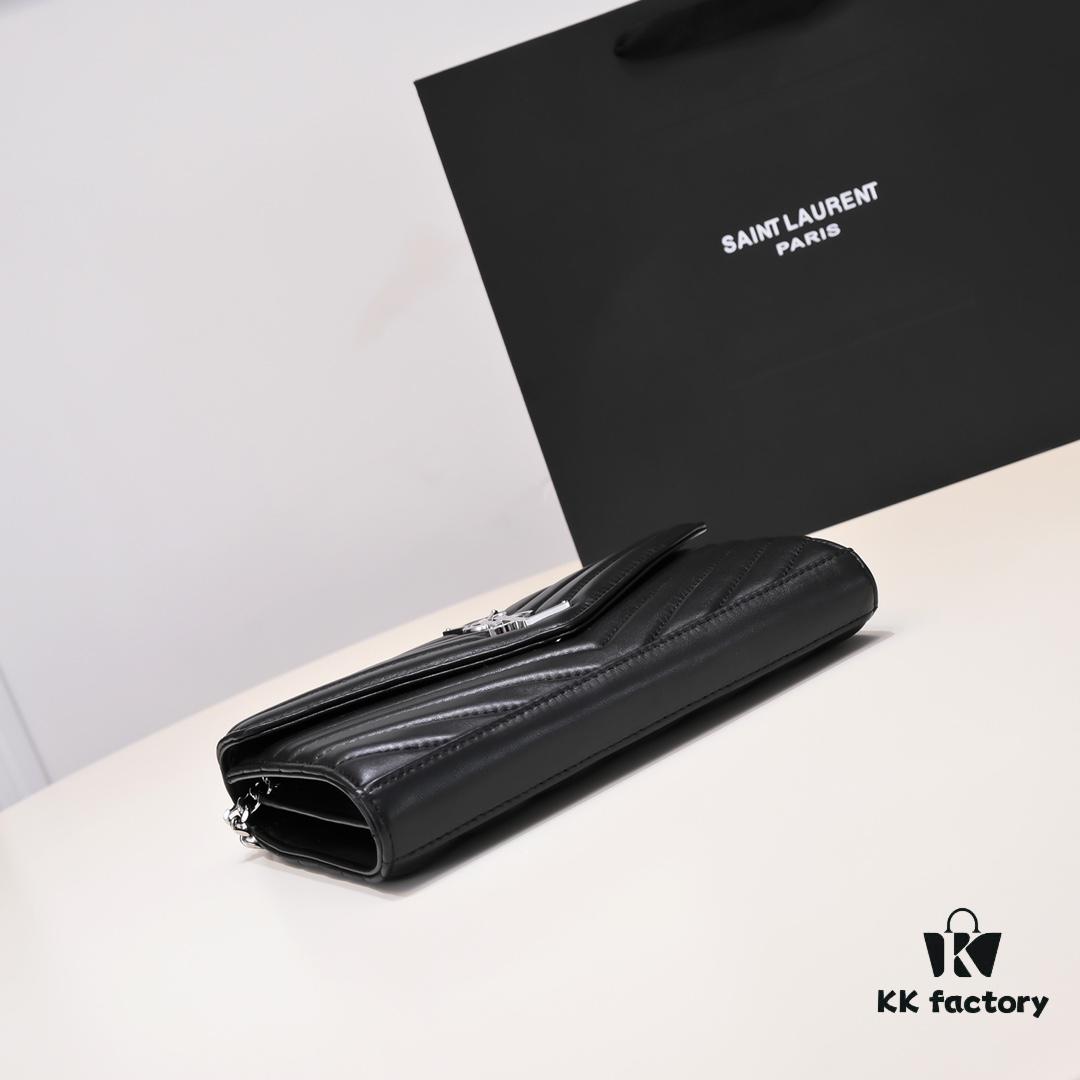 6930cc886e68136f4d9b0513 Silver Chain Lambskin! Classic Best-Selling SAINT LAURENT Front Flap Wallet with Detachable Metal Chain, Interlocking YSL Logo, Jacquard Stitched Embellishment