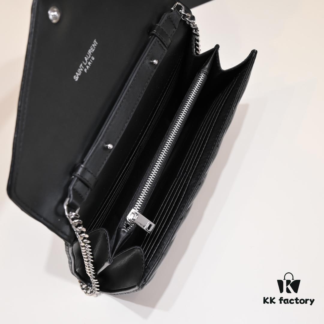 6930cc896e68136f4d9b0515 Silver Chain Lambskin! Classic Best-Selling SAINT LAURENT Front Flap Wallet with Detachable Metal Chain, Interlocking YSL Logo, Jacquard Stitched Embellishment