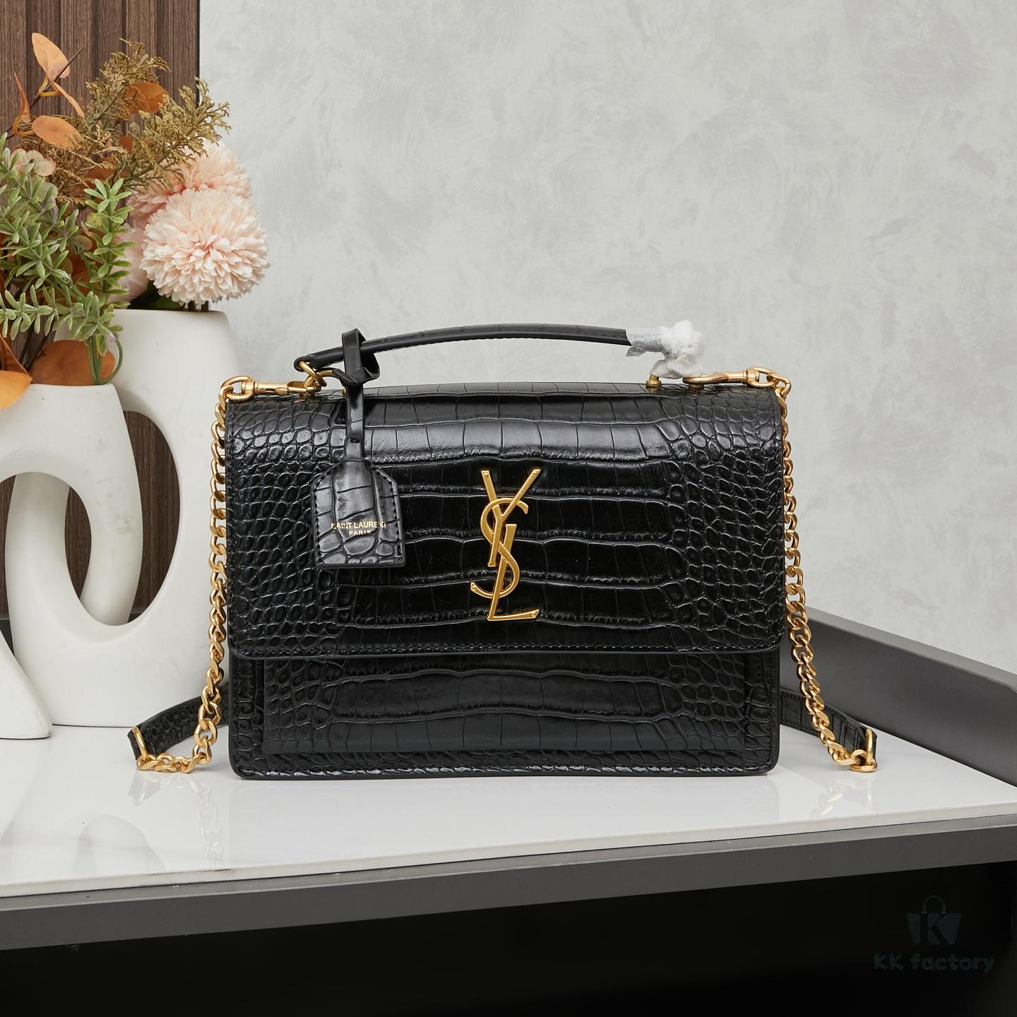 6930cd6d6e68136f4d9b067f YSL Sunset Crocodile Embossed Shiny Leather Chain Handbag with Box
