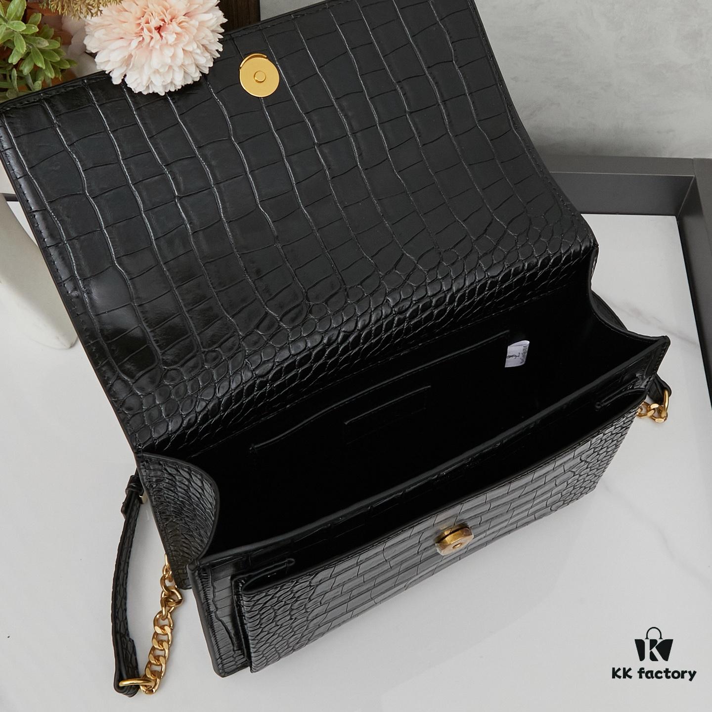 6930cd726e68136f4d9b0688 YSL Sunset Crocodile Embossed Shiny Leather Chain Handbag with Box