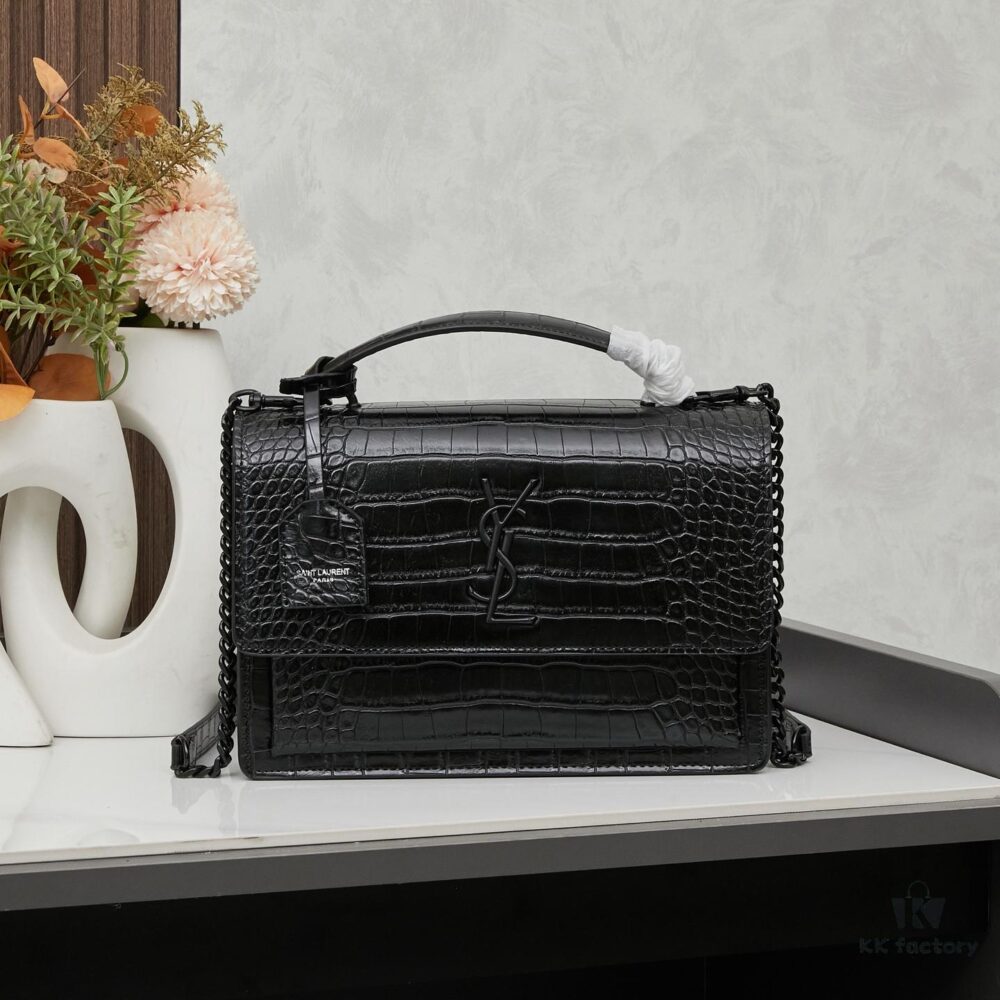 6930cd736e68136f4d9b0689 Saint Laurent SUNSET Embossed Crocodile-Texture Shiny Leather Chain Handbag with Box