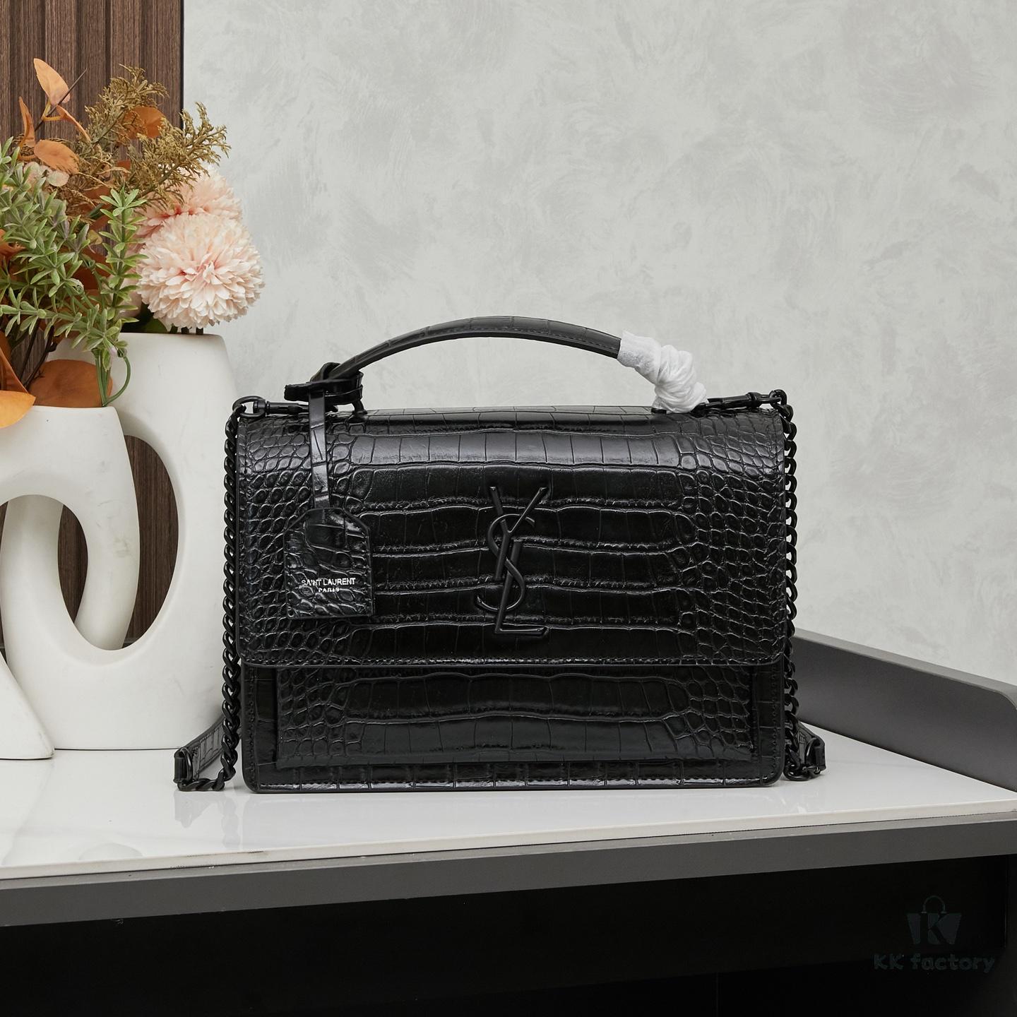 6930cd736e68136f4d9b0689 Saint Laurent SUNSET Embossed Crocodile-Texture Shiny Leather Chain Handbag with Box