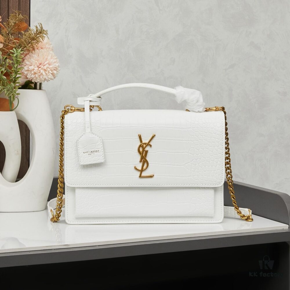 6930cd786e68136f4d9b068f YSL Sunset Crocodile-Embossed Shiny Leather Chain Handbag with Box