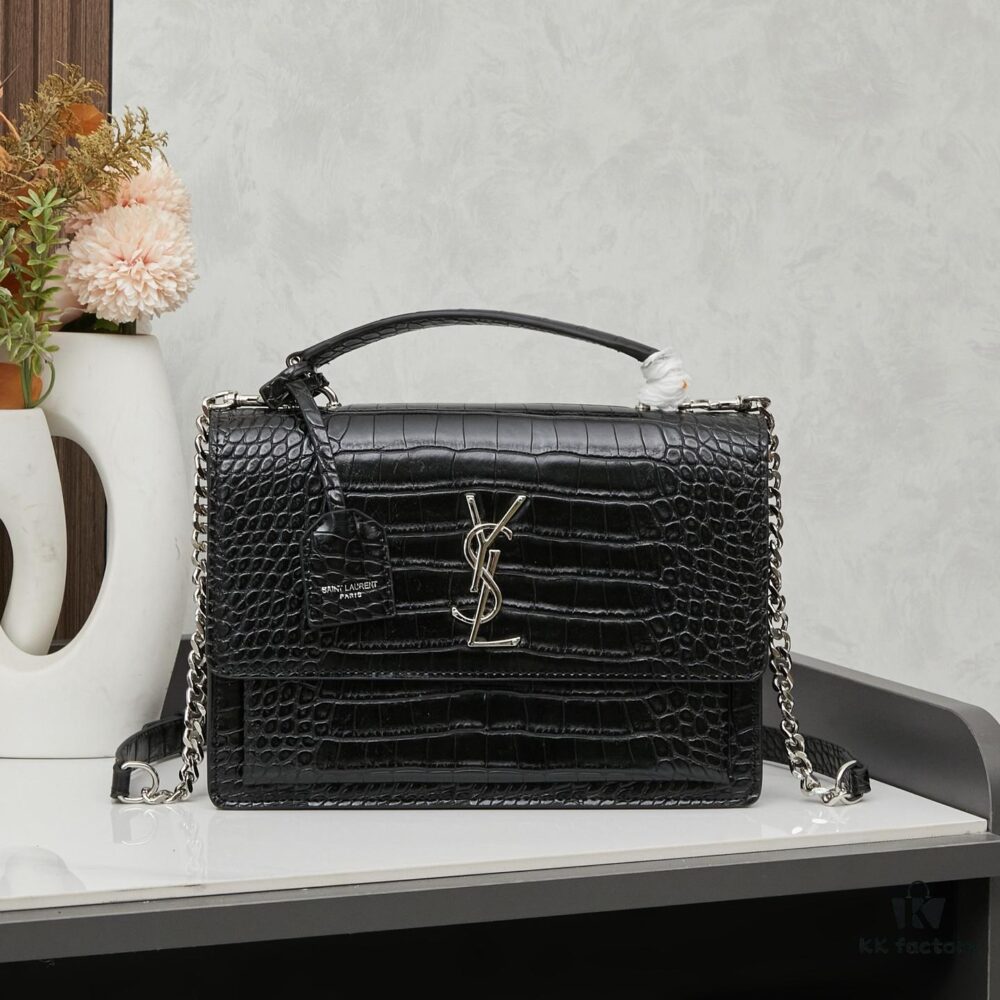 6930cd7e6e68136f4d9b069a YSL SUNSET Crocodile Embossed Shiny Leather Chain Handbag with Box