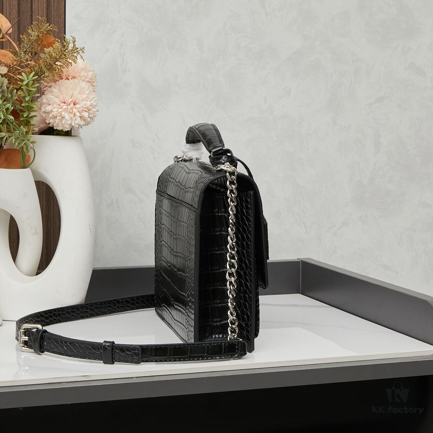 6930cd7f6e68136f4d9b069c YSL SUNSET Crocodile Embossed Shiny Leather Chain Handbag with Box