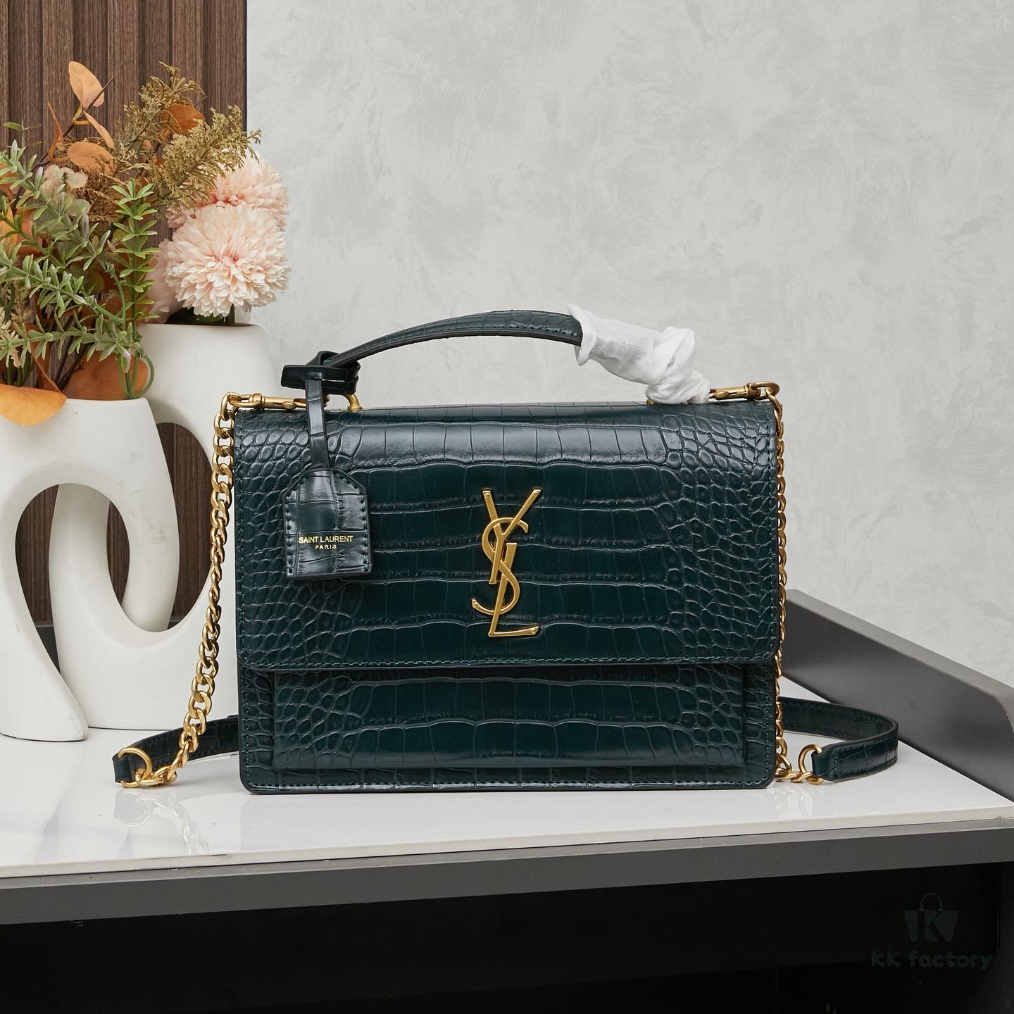 6930cd846e68136f4d9b06a3 YSL SUNSET Crocodile-Embossed Shiny Leather Chain Handbag with Box