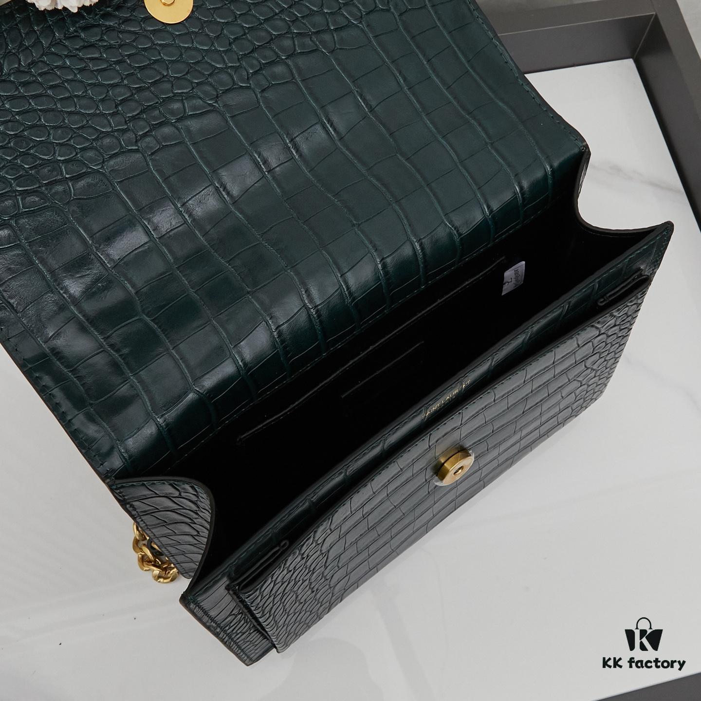 6930cd896e68136f4d9b06aa YSL SUNSET Crocodile-Embossed Shiny Leather Chain Handbag with Box