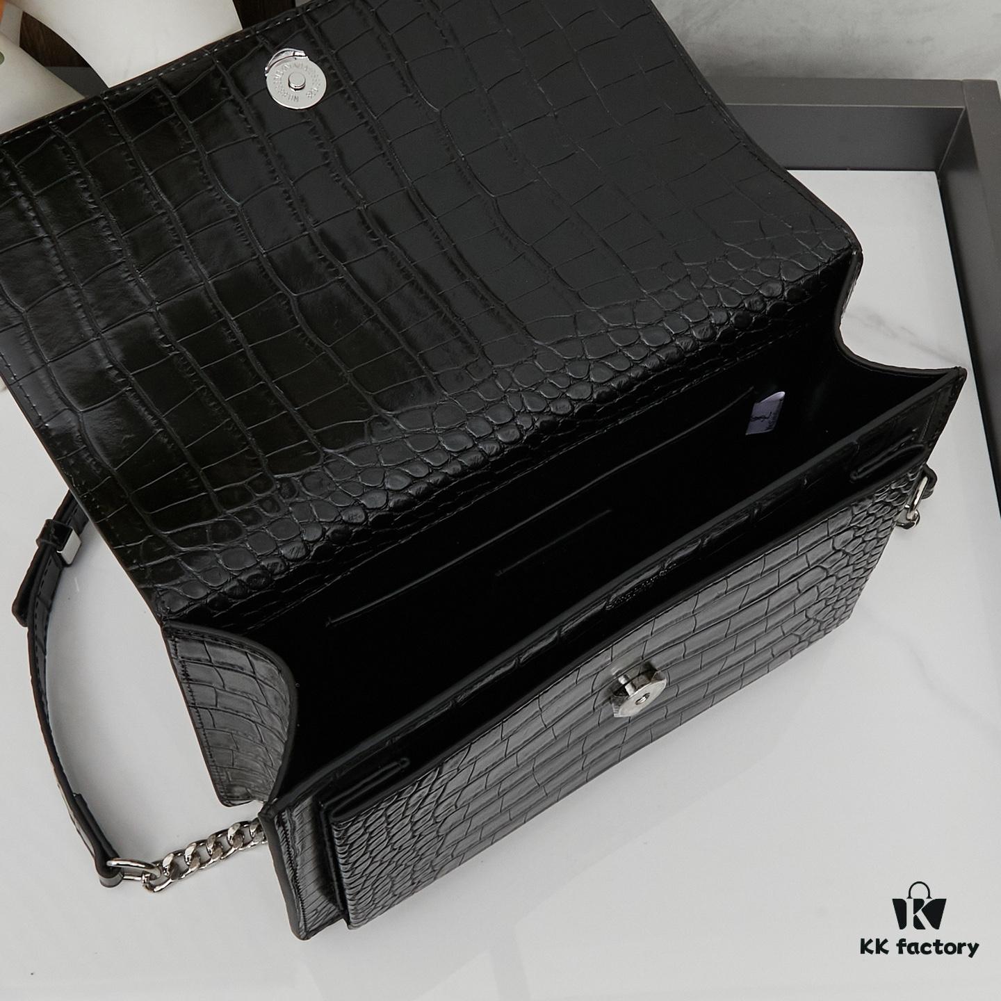 6930cd936e68136f4d9b06b8 YSL SUNSET Crocodile Embossed Shiny Leather Chain Handbag with Box