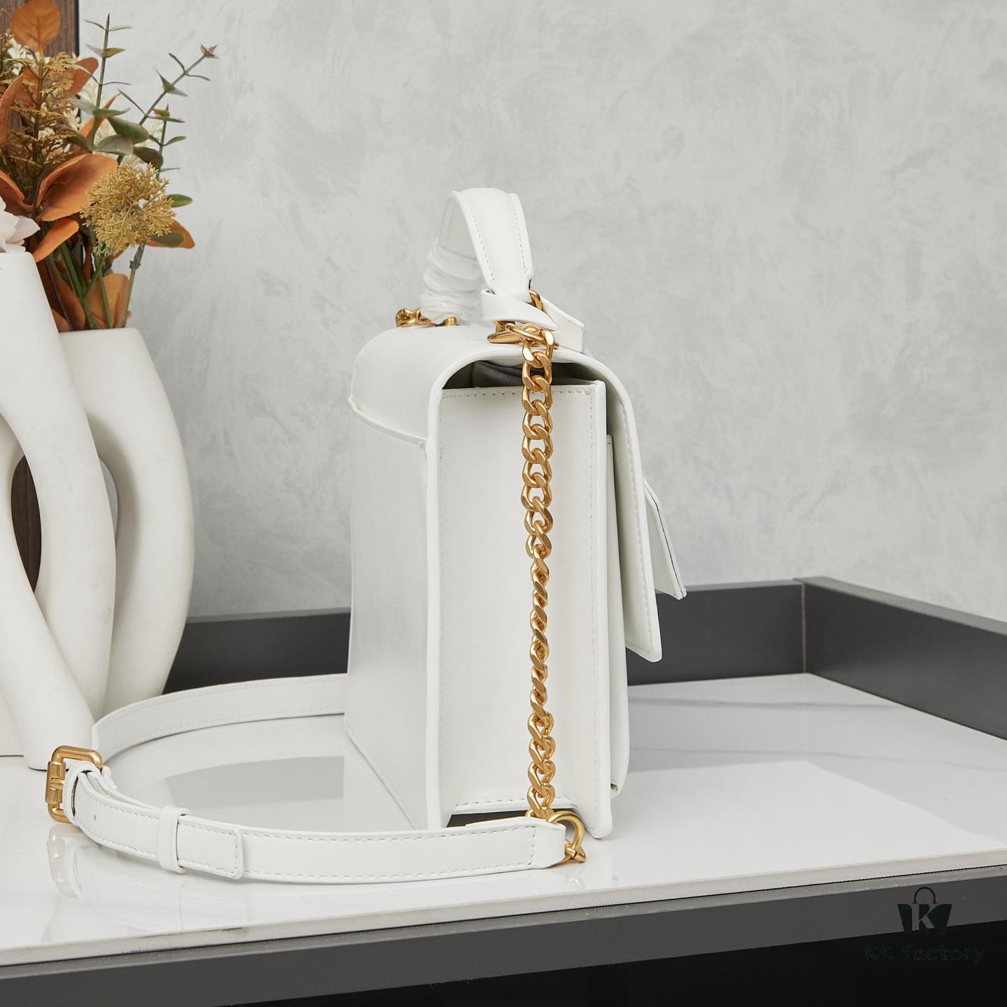 YSL Accordion Bag in Calfskin - Baby Size, Beige with White Stitching