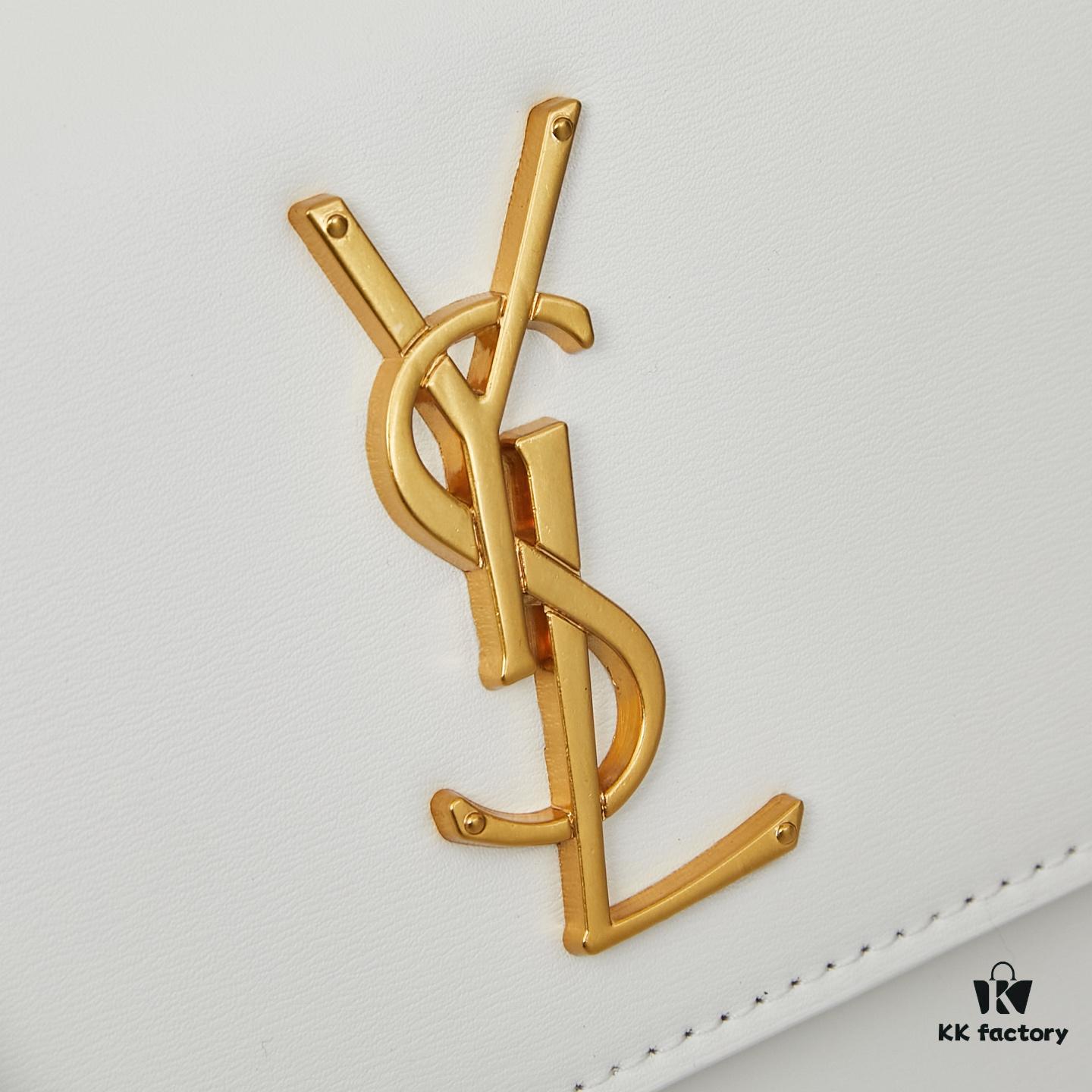YSL Accordion Bag in Calfskin - Baby Size, Beige with White Stitching