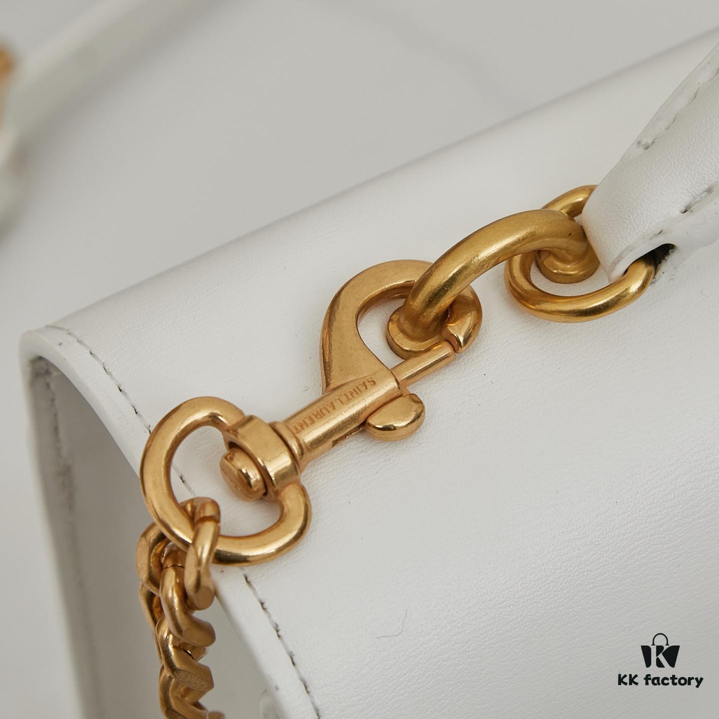 YSL Accordion Bag in Calfskin - Baby Size, Beige with White Stitching