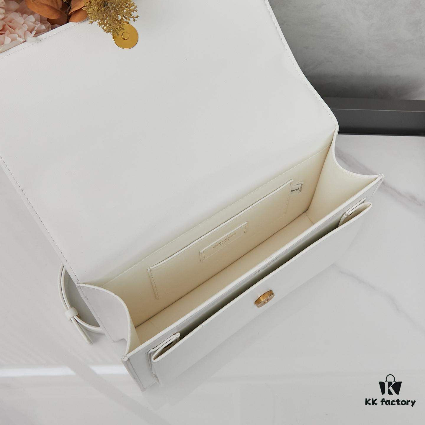 YSL Accordion Bag in Calfskin - Baby Size, Beige with White Stitching