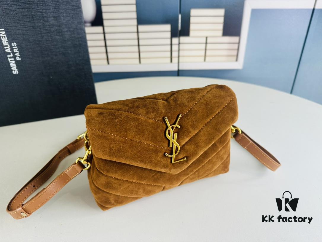 6930cf186e68136f4d9b094f Small YSL Loulou Suede Leather Chain Shoulder Bag in Black and Brown with Box
