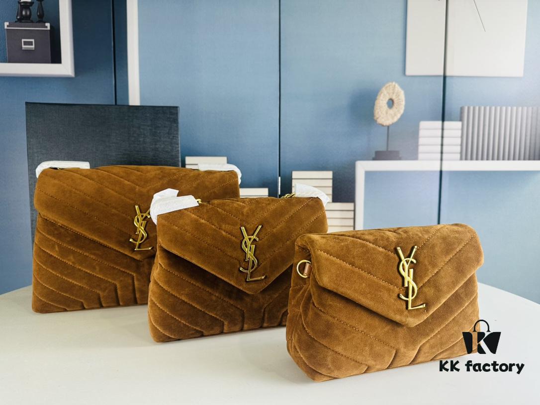 6930cf226e68136f4d9b0961 Medium YSL LOU LOU Suede Leather Chain Shoulder Bag with Box ||| Loulou Black Brown Nubuck