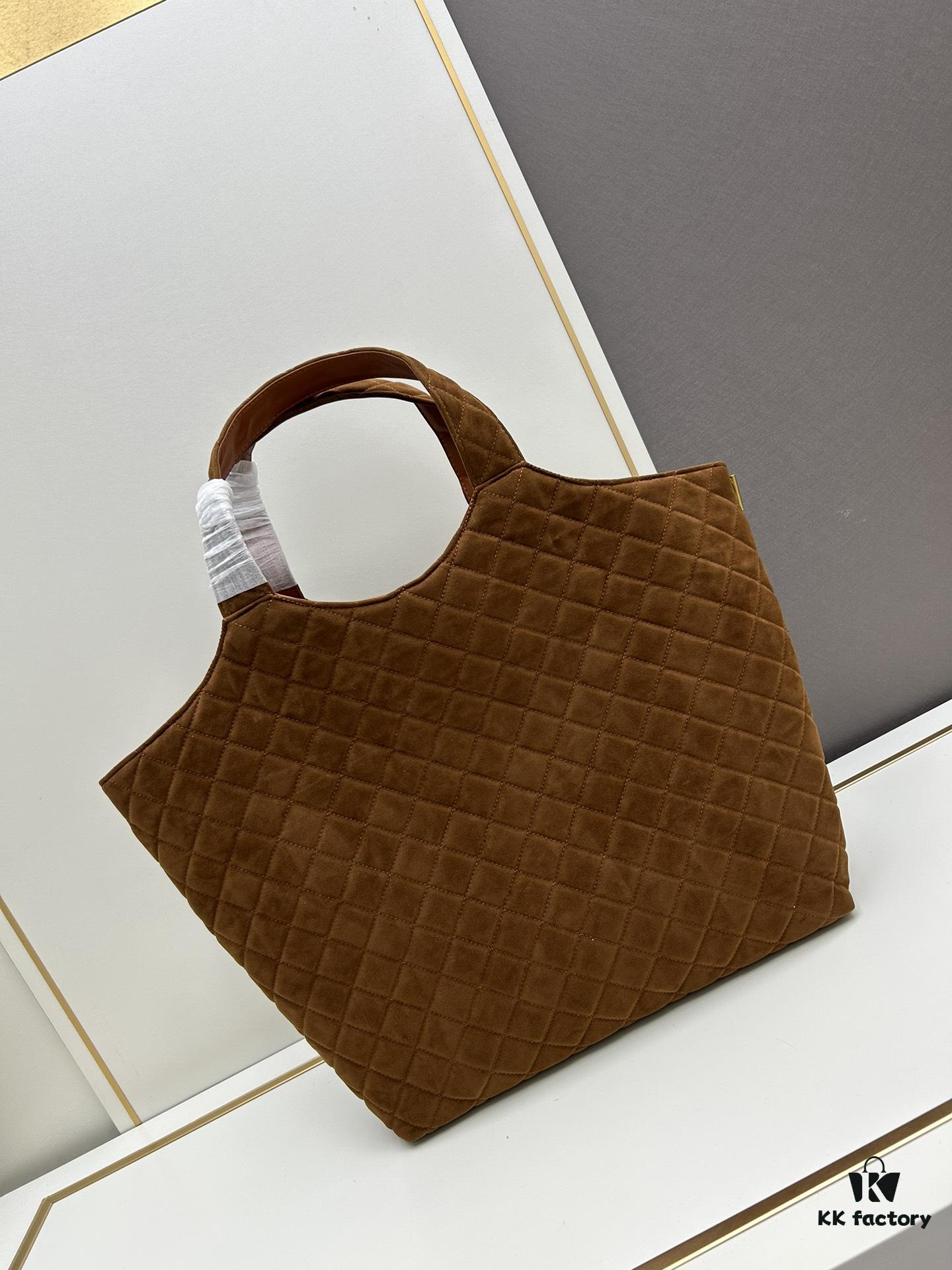 6930cf526e68136f4d9b09b5 New YSL Saint Laurent Suede Icare Quilted Tote Bag in Black and Caramel