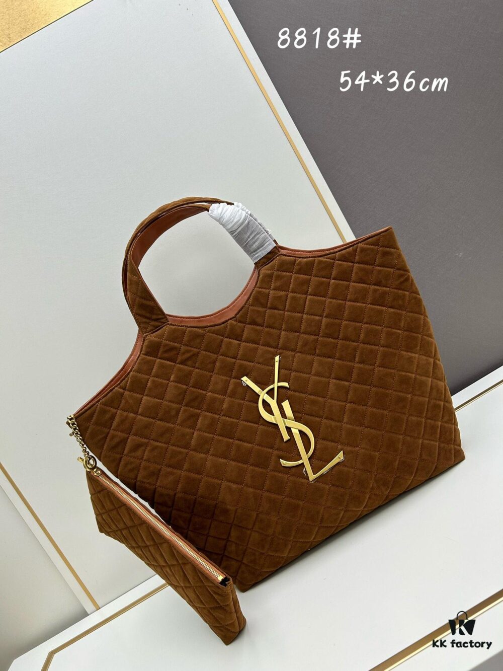 6930cf526e68136f4d9b09b6 New YSL Saint Laurent Suede Icare Quilted Tote Bag in Black and Caramel