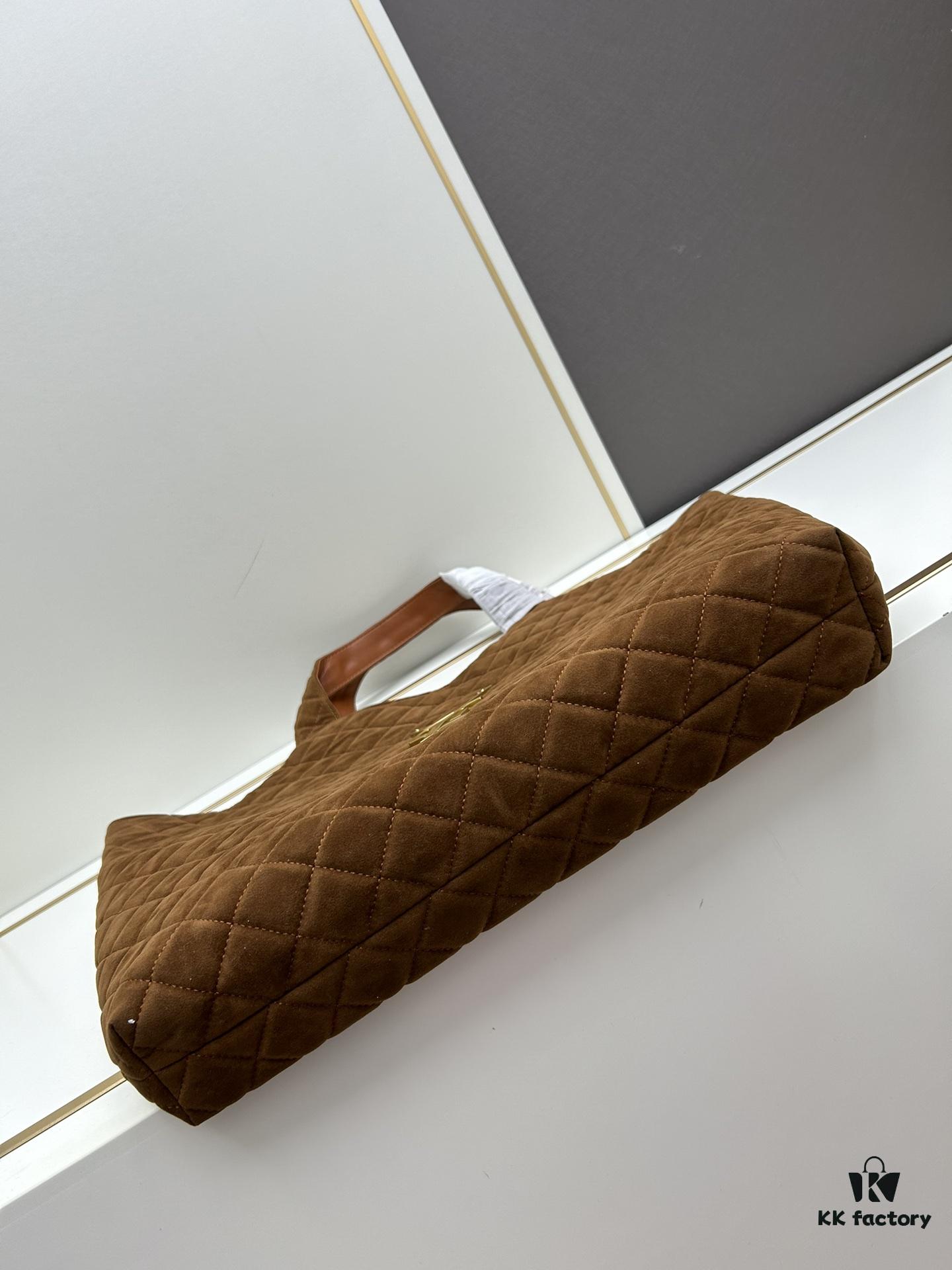 6930cf526e68136f4d9b09b7 New YSL Saint Laurent Suede Icare Quilted Tote Bag in Black and Caramel
